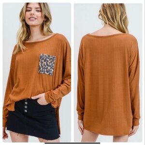 17- First Love NWT Pointelle Ribbed Long-Sleeve Top w/ Leopard Pocket Polyester